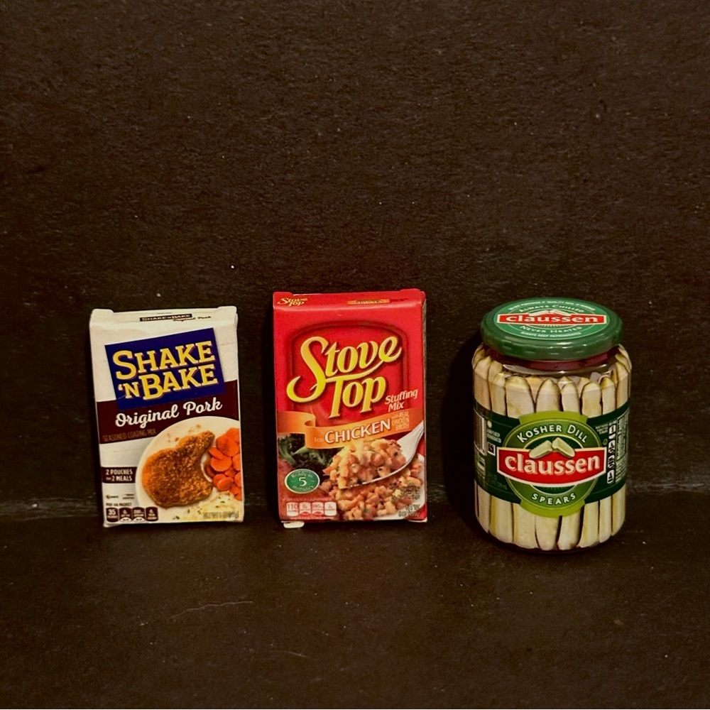 Mini Brands Shake N’ Bake, Stove Top Chicken, Claussen Kosher Dill Pickles